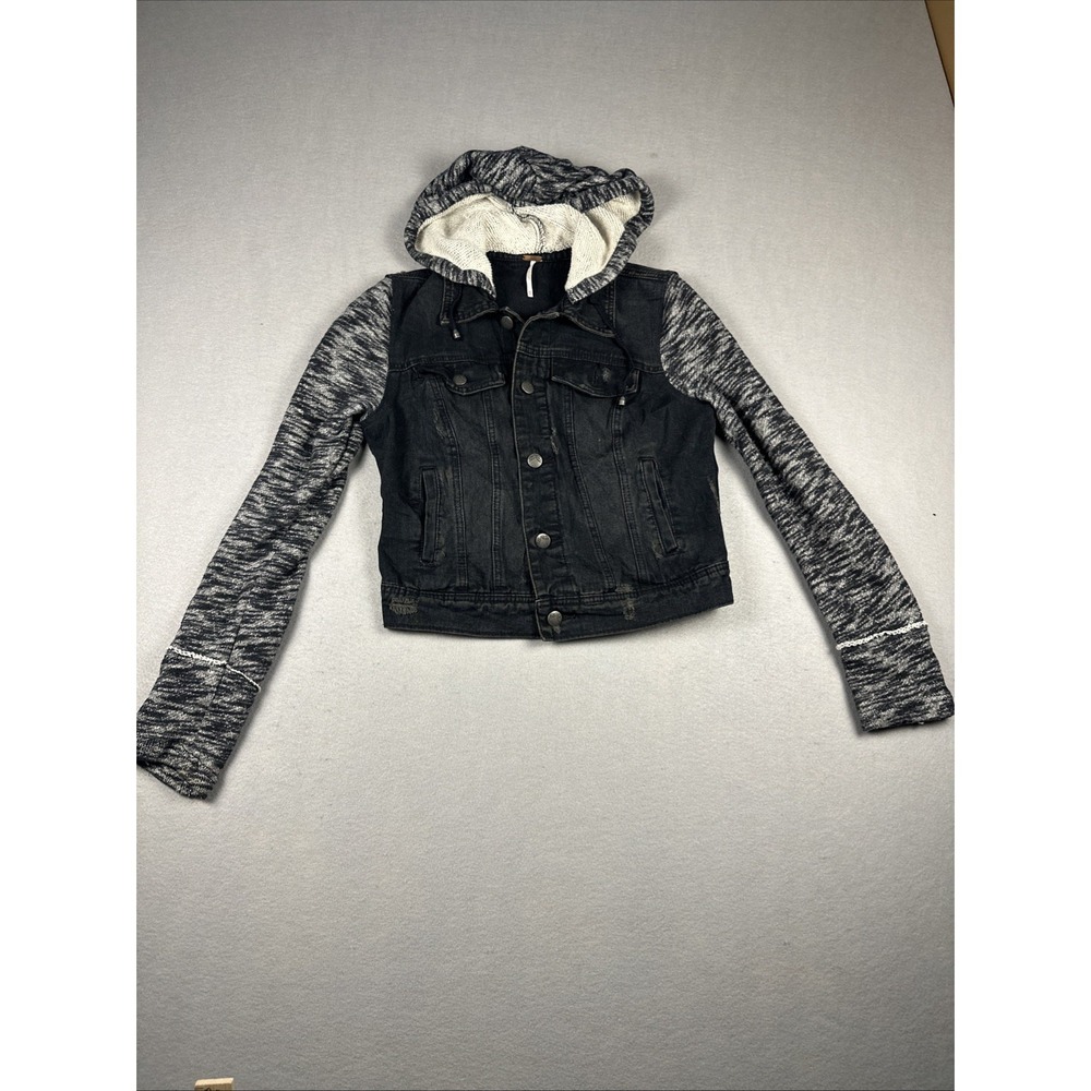 Free‎ People Denim Jacket Women XS Black Distressed Hooded Knit Sleeves